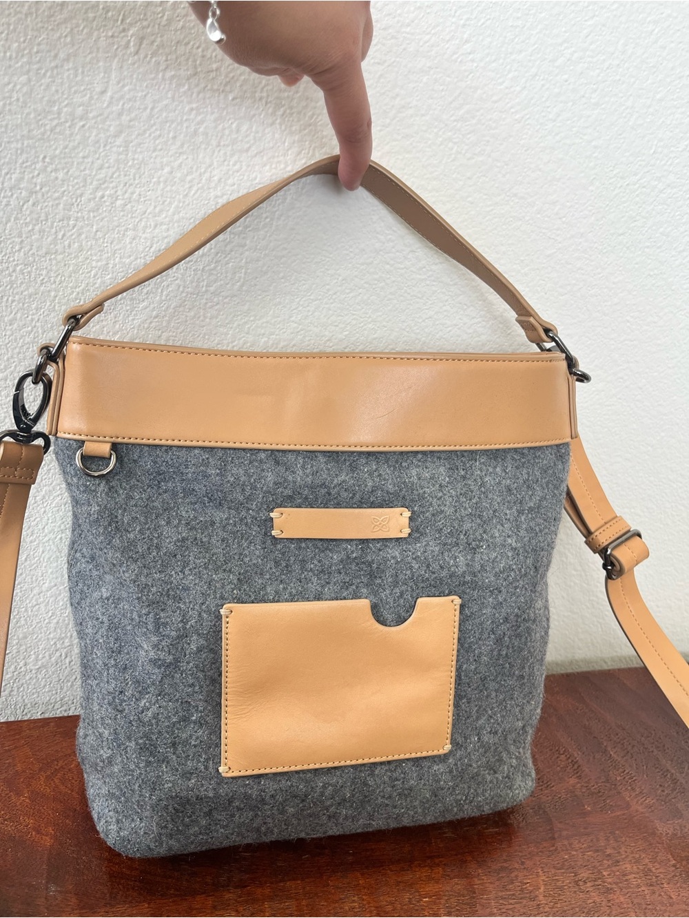 Sherpani Luna Crossbody Shoulder Bag Grey Wool & Faux Tan Leather Granola Girl